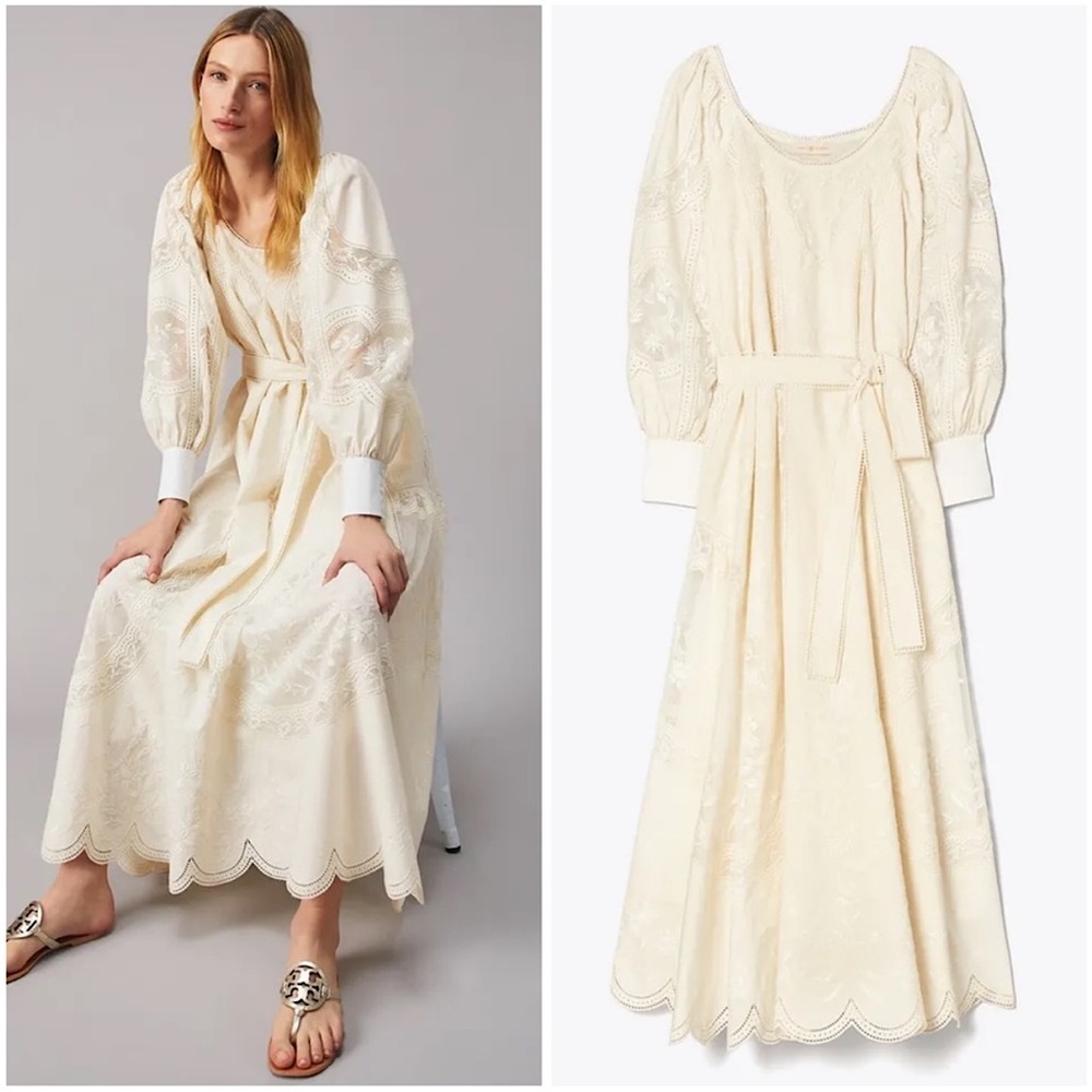 NWT TORY BURCH Scalloped Broderie Anglaise Cotton-poplin Tulle Maxi Dress $1,898